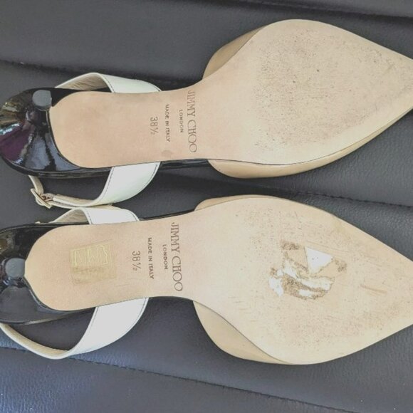 Jimmy Choo Women Patent Leather Pointed Colorblock Slingbacks Beige/Blk - Picture 8 of 10